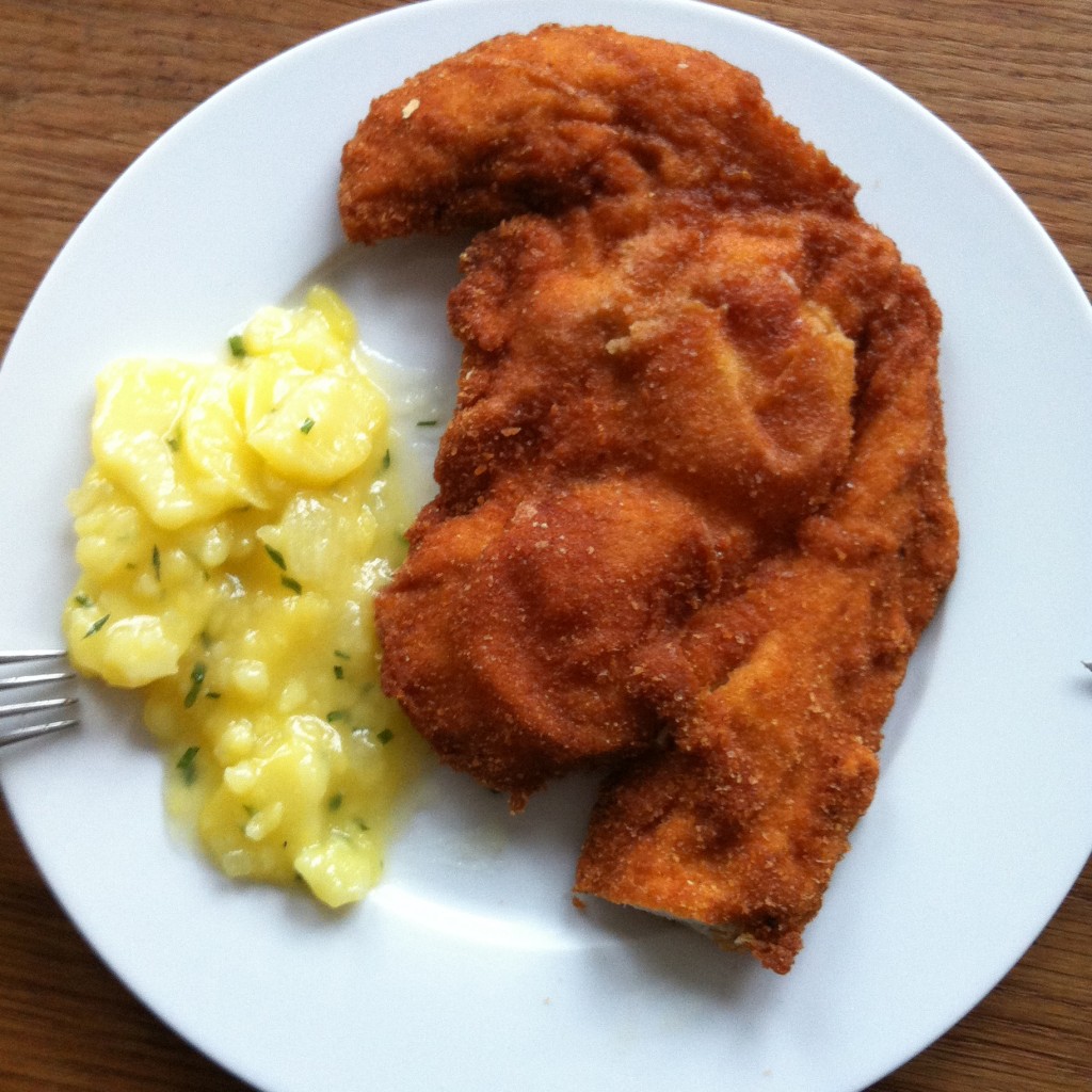 Chicken in breadcrumbs. Hühnerschnitzel.